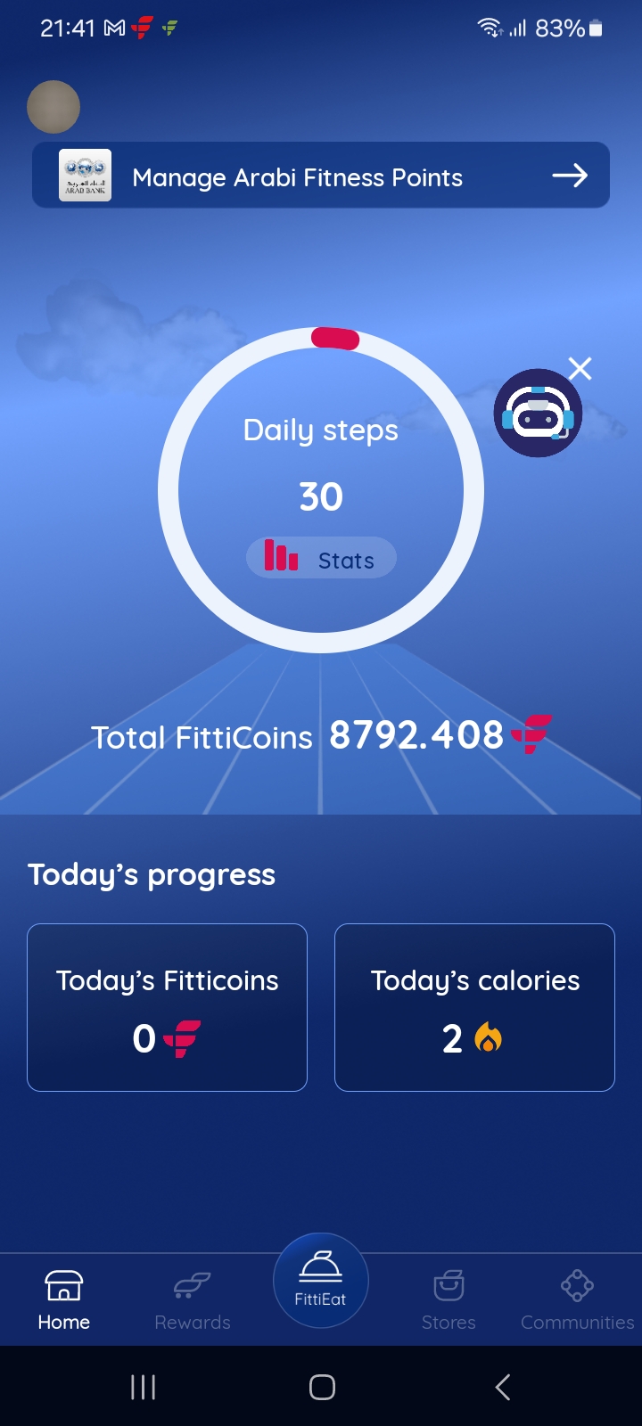 FittiCoin app home screen showing daily steps and total FittiCoins balance