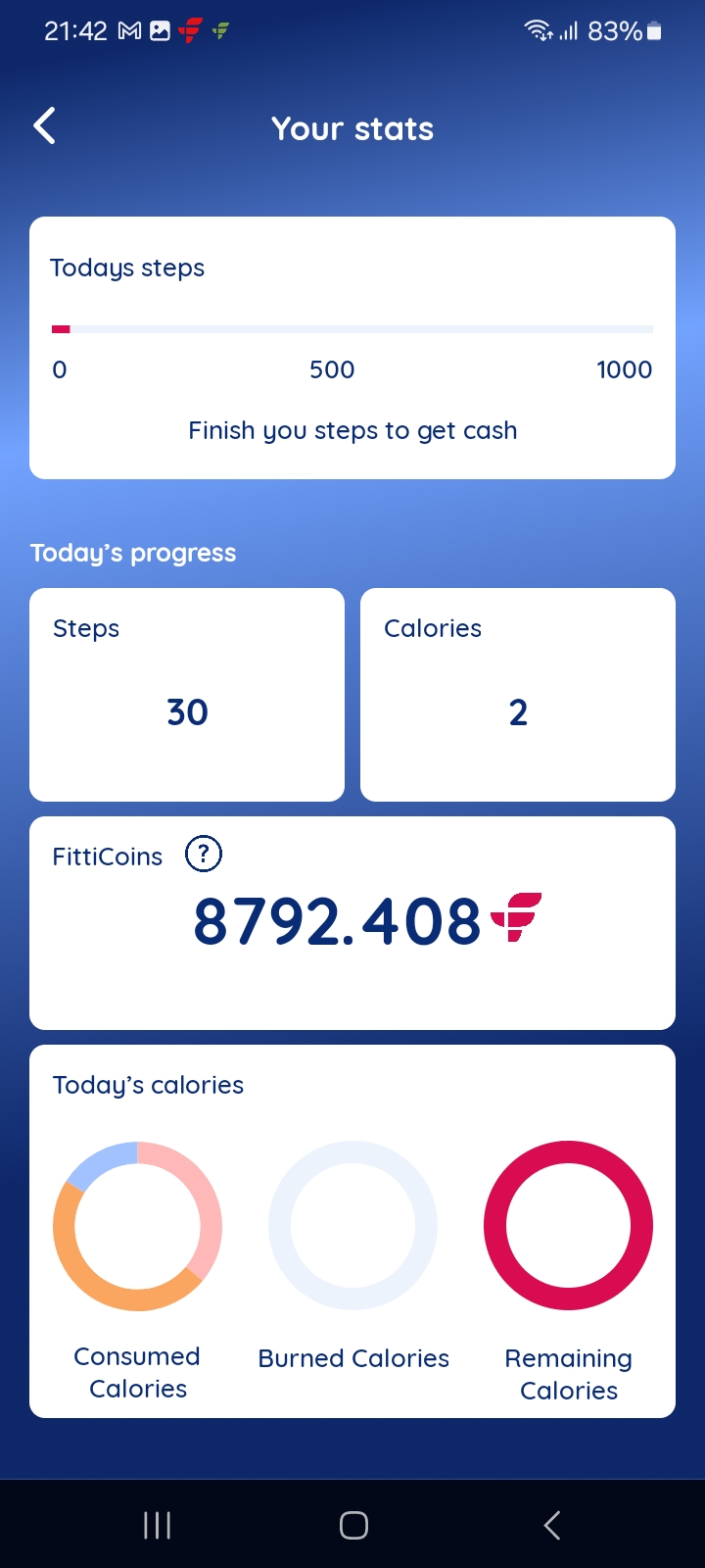 Stats screen with step progress, calories, and FittiCoins