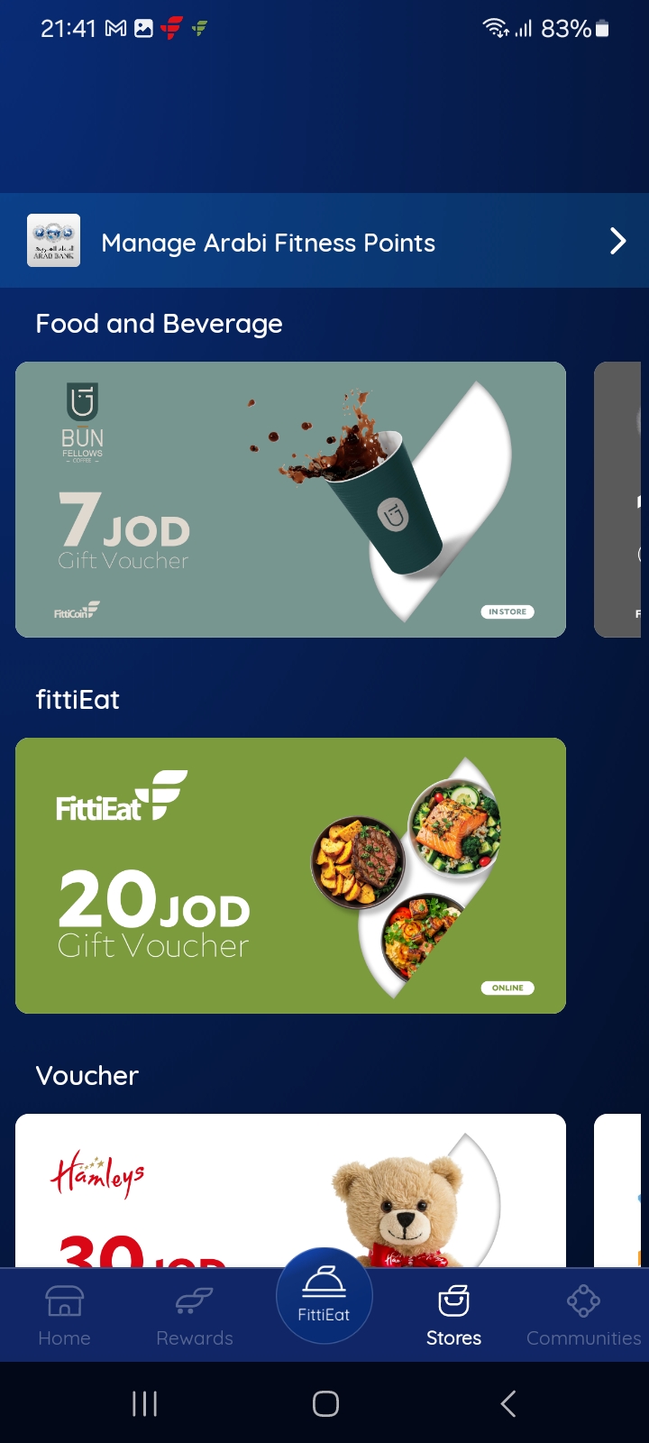 Stores screen with FittiEat and voucher offers